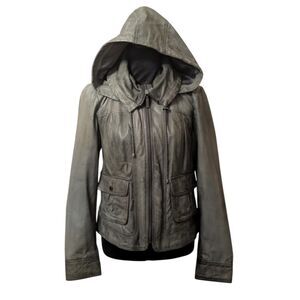 Bernardo Genuine Leather Hooded Jacket Washed Grey-Green Medium Moto Utility